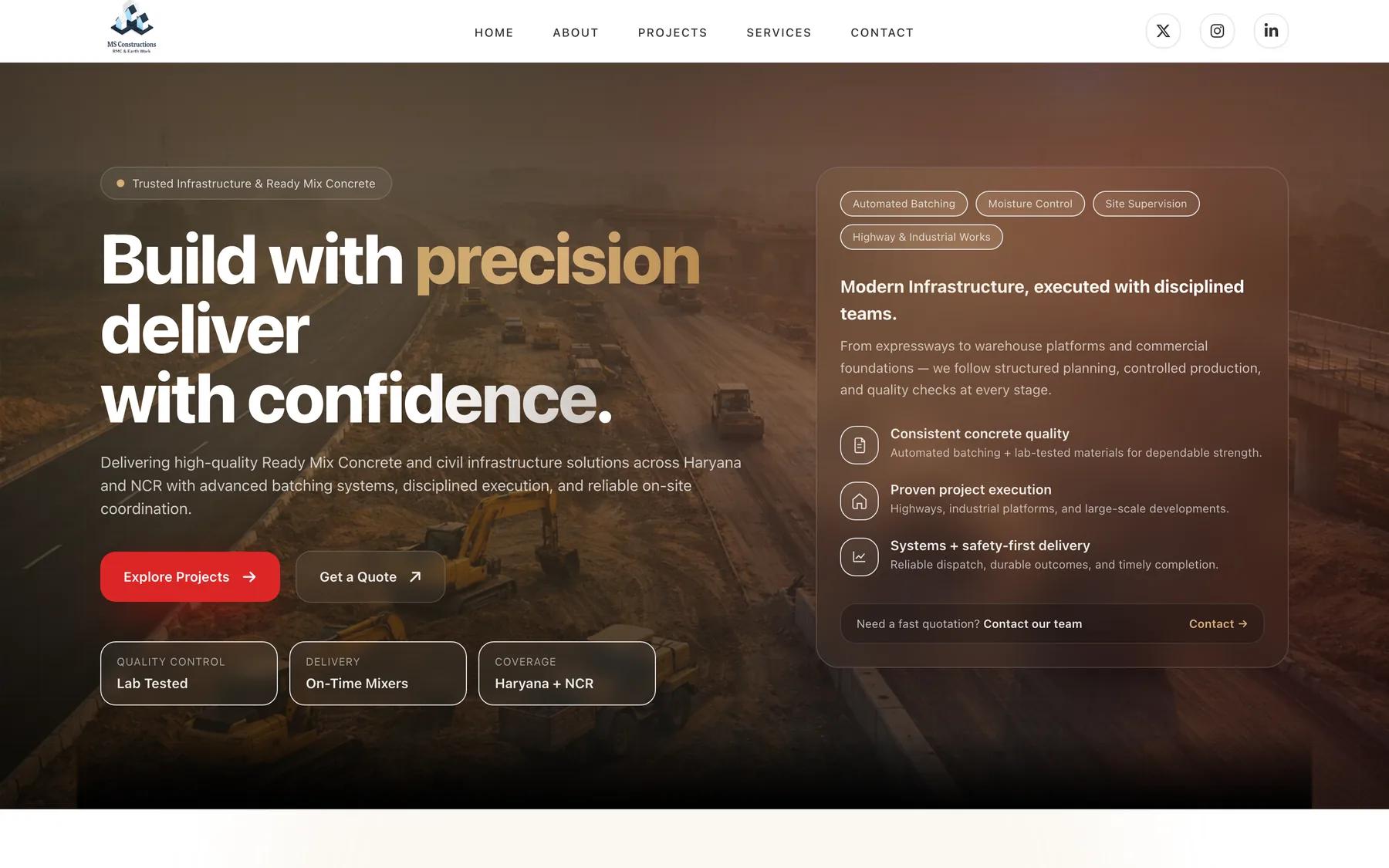 MS Constructions — screenshot of the live site built by Narvyn Technologies