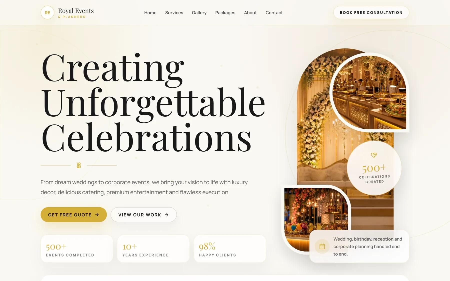 Royal Events & Planners — screenshot of the live site built by Narvyn Technologies