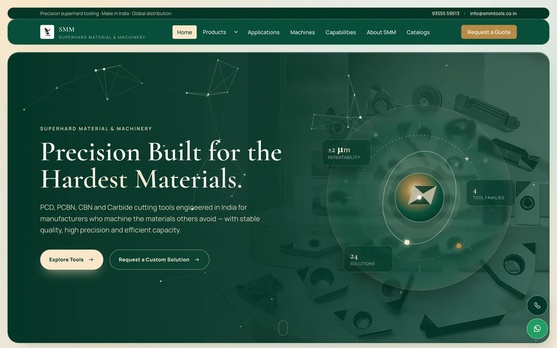 SMM — Superhard Material & Machinery — screenshot of the live site built by Narvyn Technologies