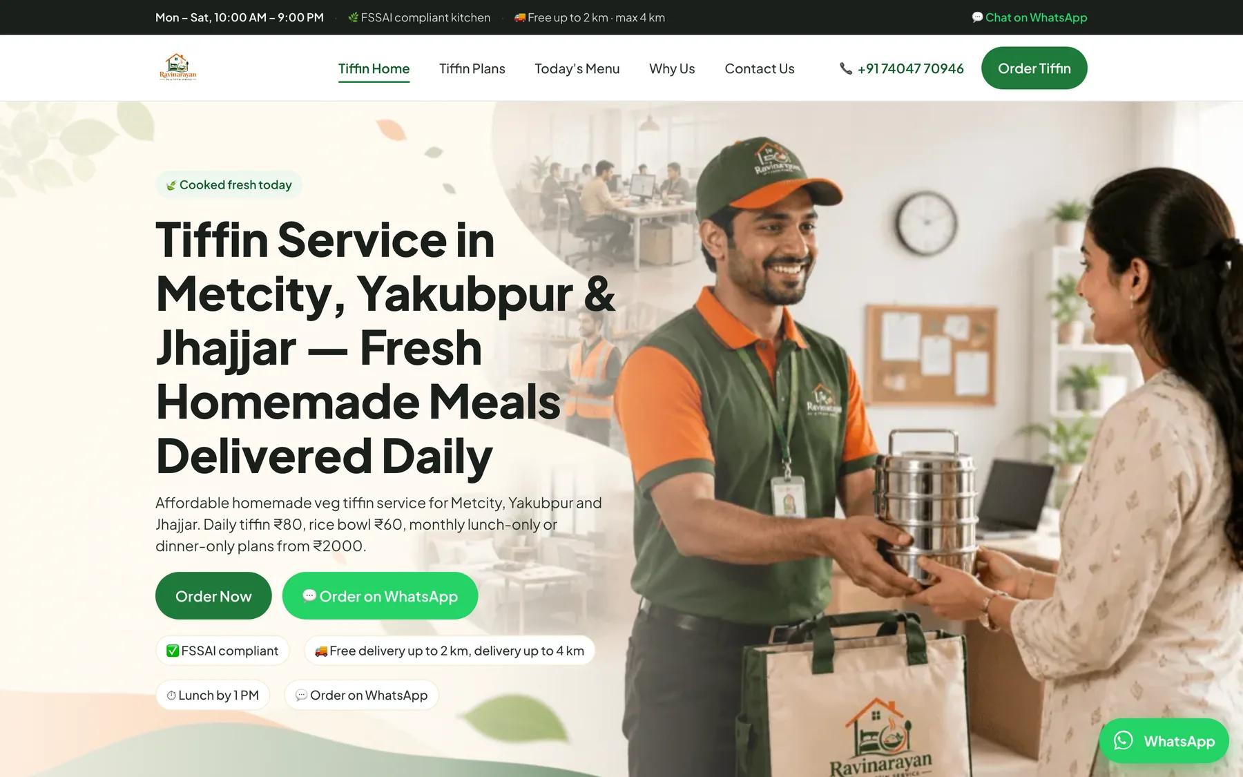 Ravinarayan Tiffin Service — screenshot of the live site built by Narvyn Technologies
