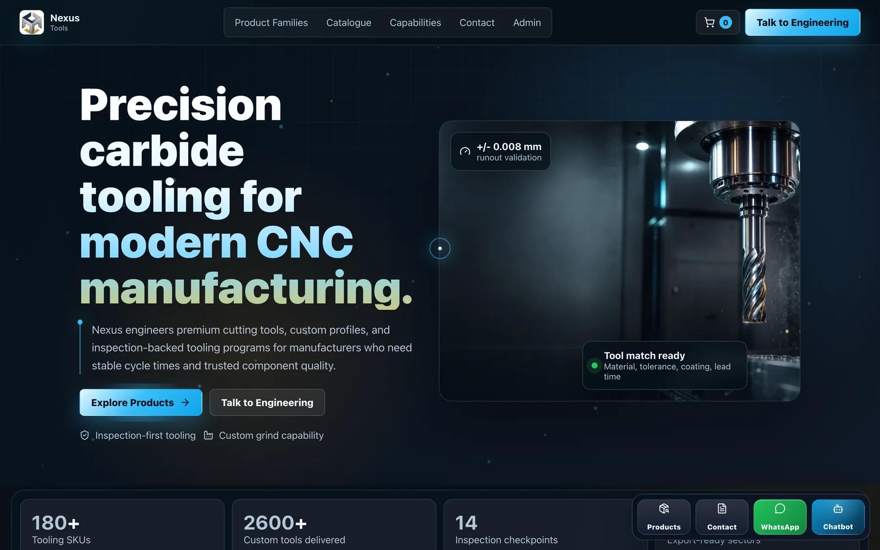 tools.narvyn.com — the carbide tooling catalogue with product families and enquiry buttons