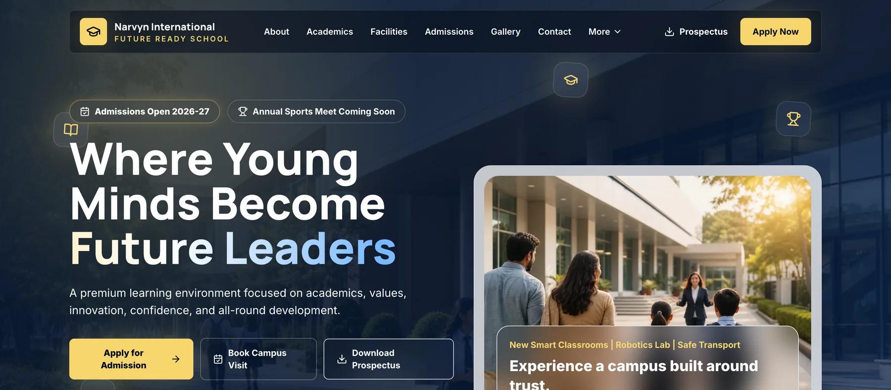 school.narvyn.com — admissions-first school website with academics, gallery and campus visit booking